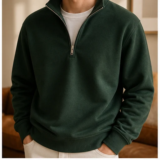 Generated apparel lifestyle photo showing a dark green quarter-zip sweatshirt in context.