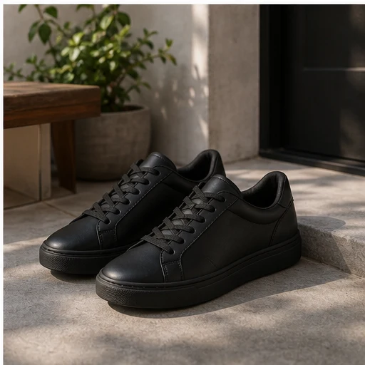 Generated footwear lifestyle photo with black sneakers near a concrete entryway.