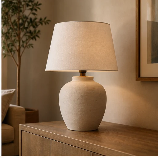 Generated home decor lifestyle photo with a ceramic lamp in a warm room scene.