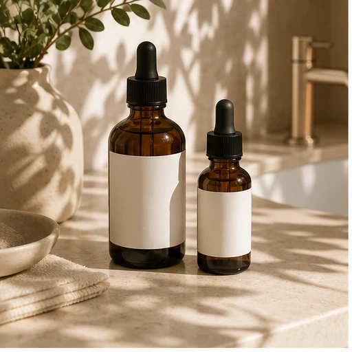 Generated skincare lifestyle product photo with amber serum bottles on a sunlit counter.