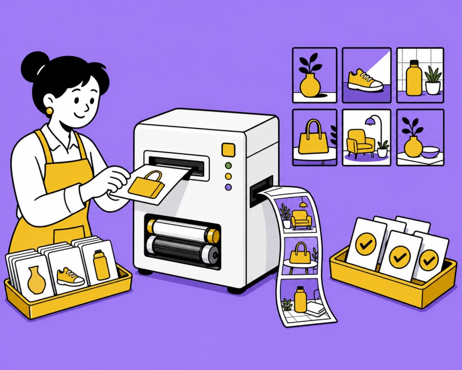 Illustration of a store operator using a photo-lab machine to turn product photos into approved gallery images.